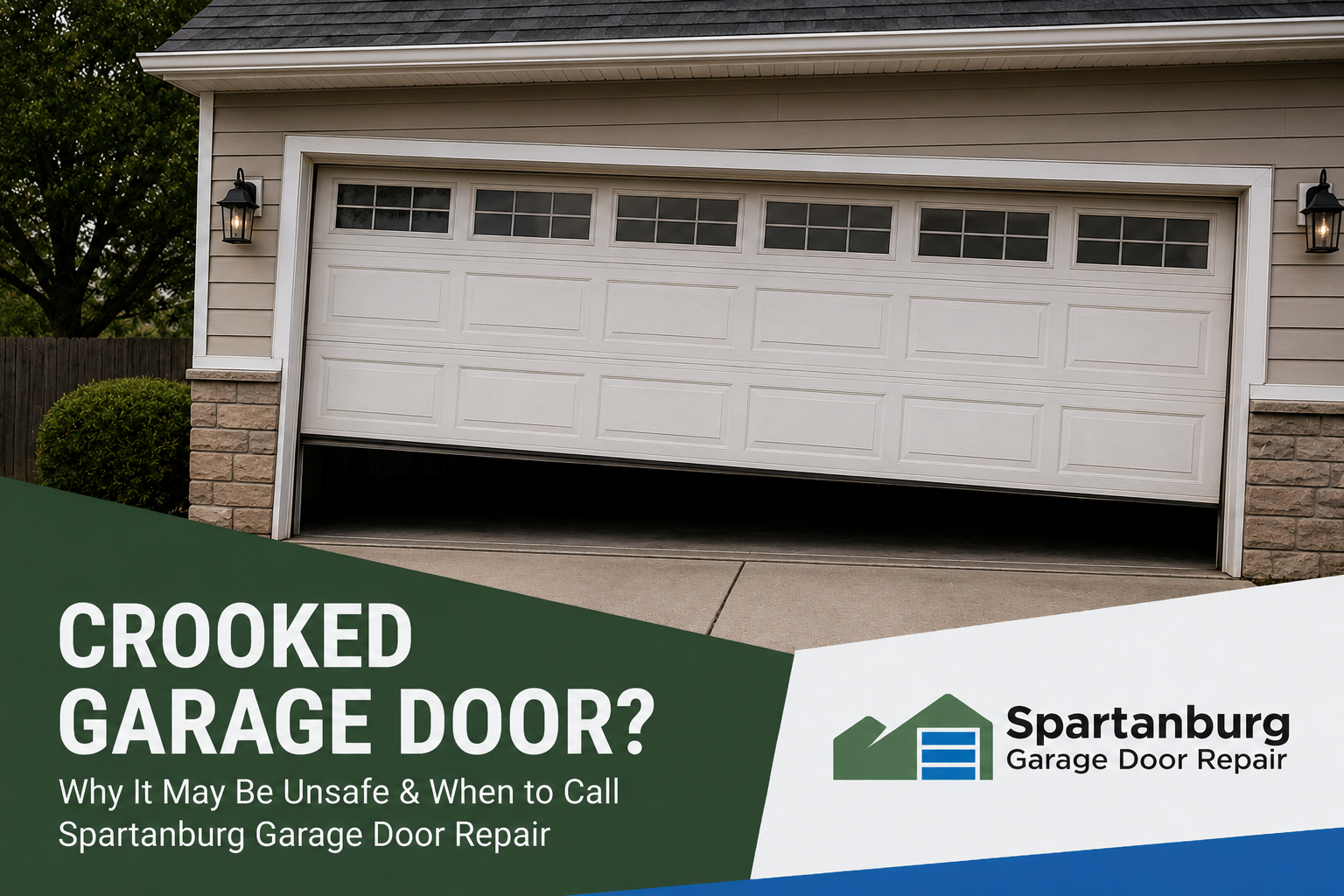 Crooked white garage door sitting unevenly with Spartanburg Garage Door Repair branding for local garage door service in Spartanburg, SC.