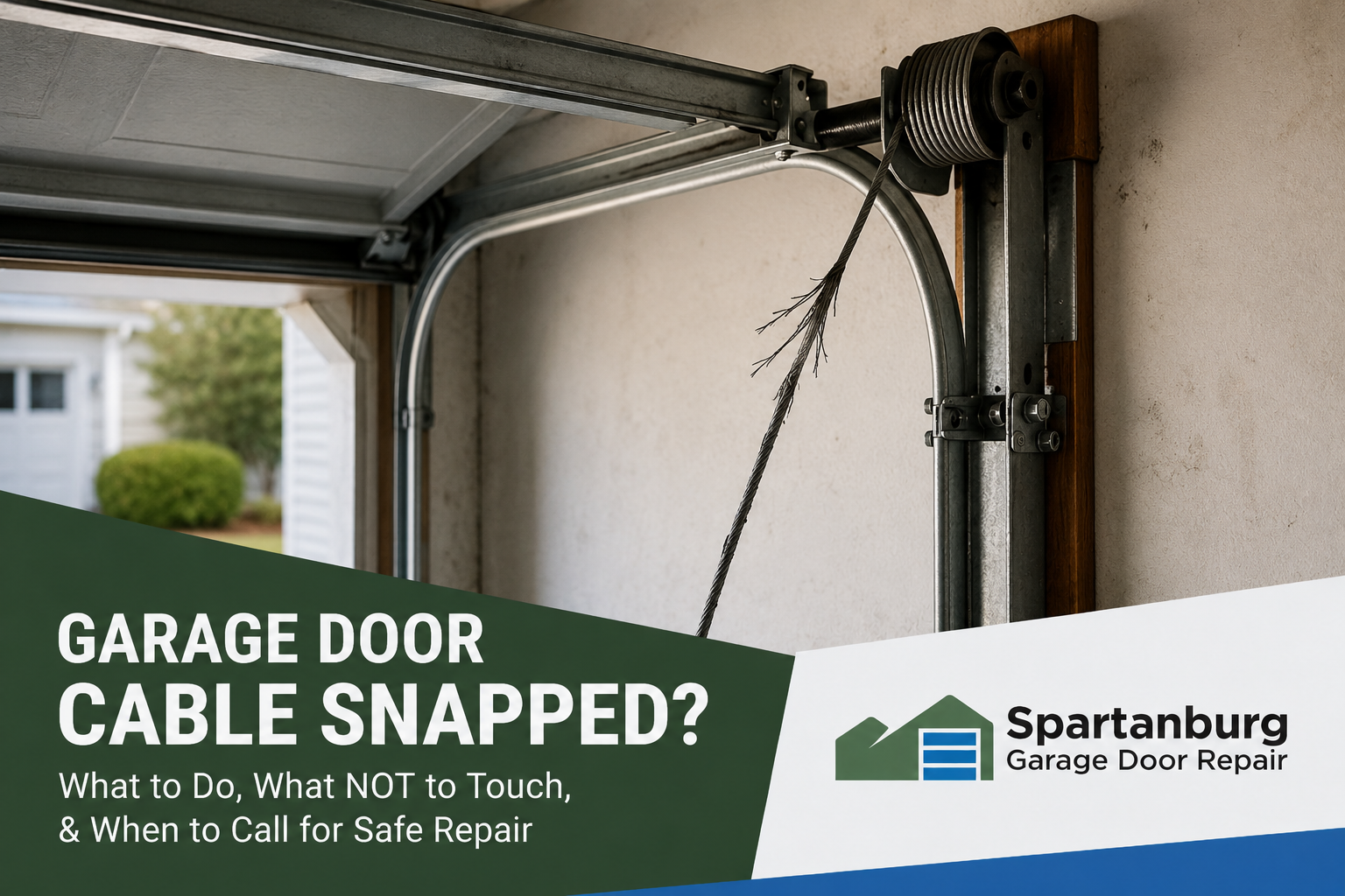 Broken garage door cable near the track and drum with Spartanburg Garage Door Repair branding for safe cable repair service in Spartanburg, SC.