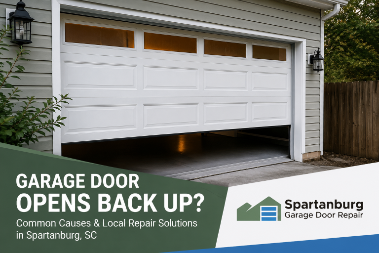 White garage door partially open with Spartanburg Garage Door Repair branding and text about garage door opening back up in Spartanburg, SC.