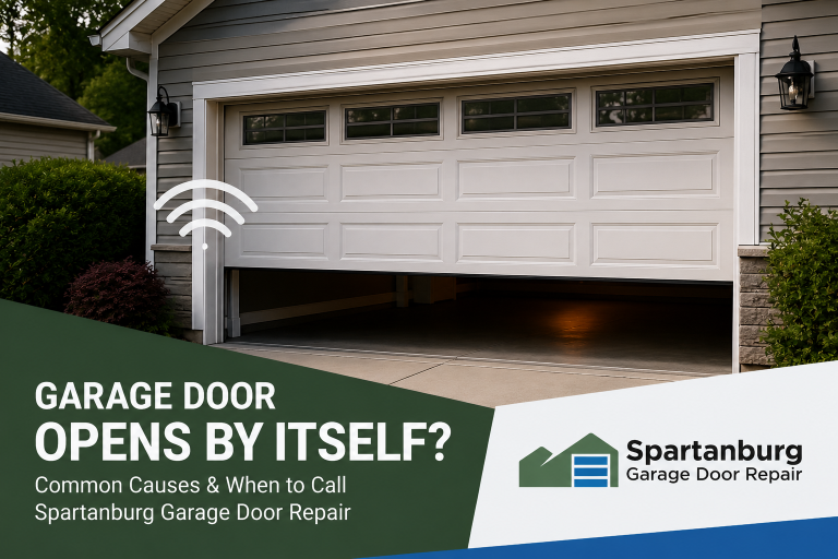 Partially open garage door with signal icon and Spartanburg Garage Door Repair branding for garage door opening by itself in Spartanburg, SC.