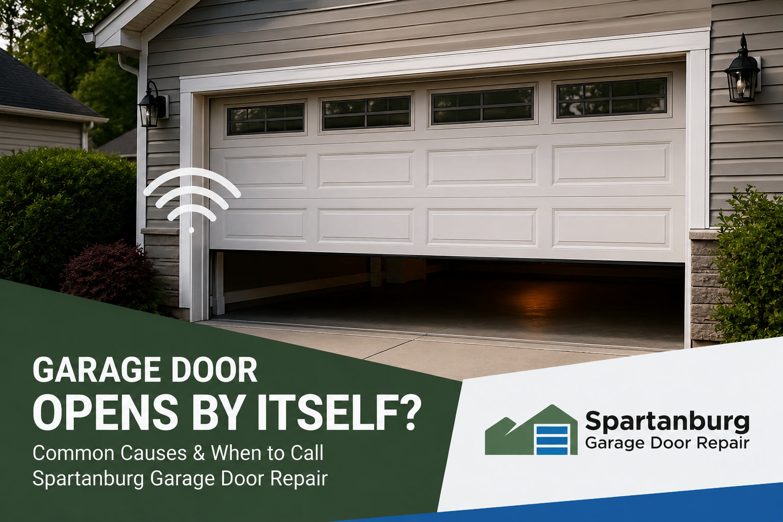 Partially open garage door with signal icon and Spartanburg Garage Door Repair branding for garage door opening by itself in Spartanburg, SC.